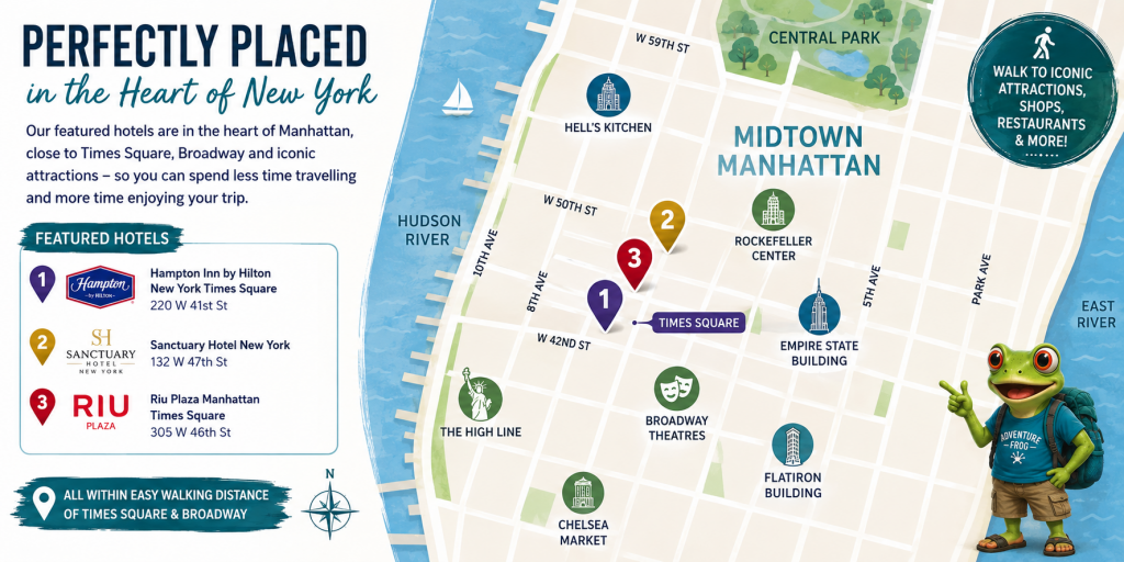 Map showing featured hotels near Times Square and central New York attractions